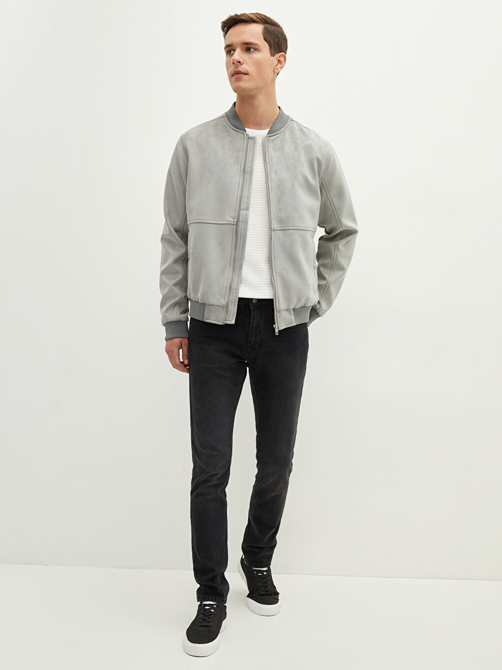 Slim Fit College Collar Slim Bomber Suede Men's Coat-3