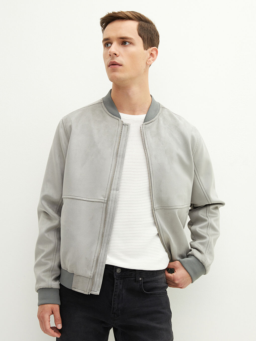 Slim Fit College Collar Slim Bomber Suede Men's Coat