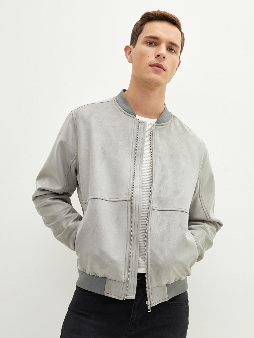 Slim Fit College Collar Slim Bomber Suede Men's Coat-1