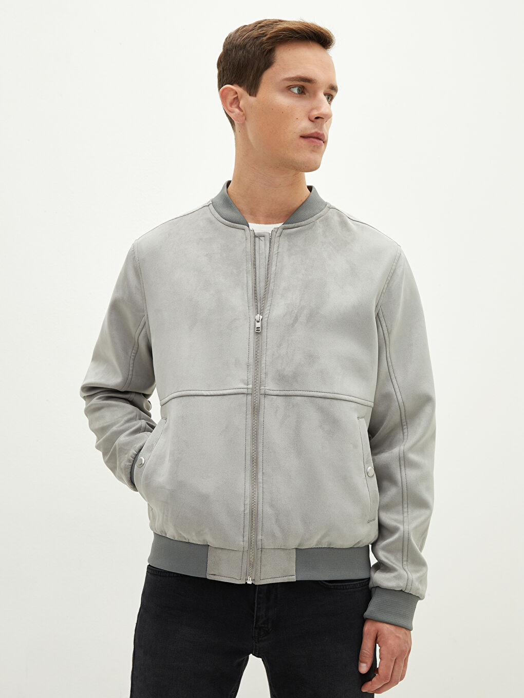 Slim Fit College Collar Slim Bomber Suede Men's Coat-2