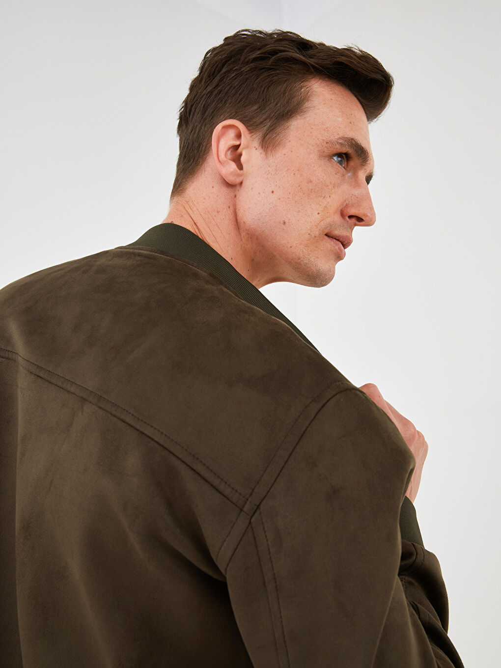 Slim Fit College Collar Bomber Suede Coat-3