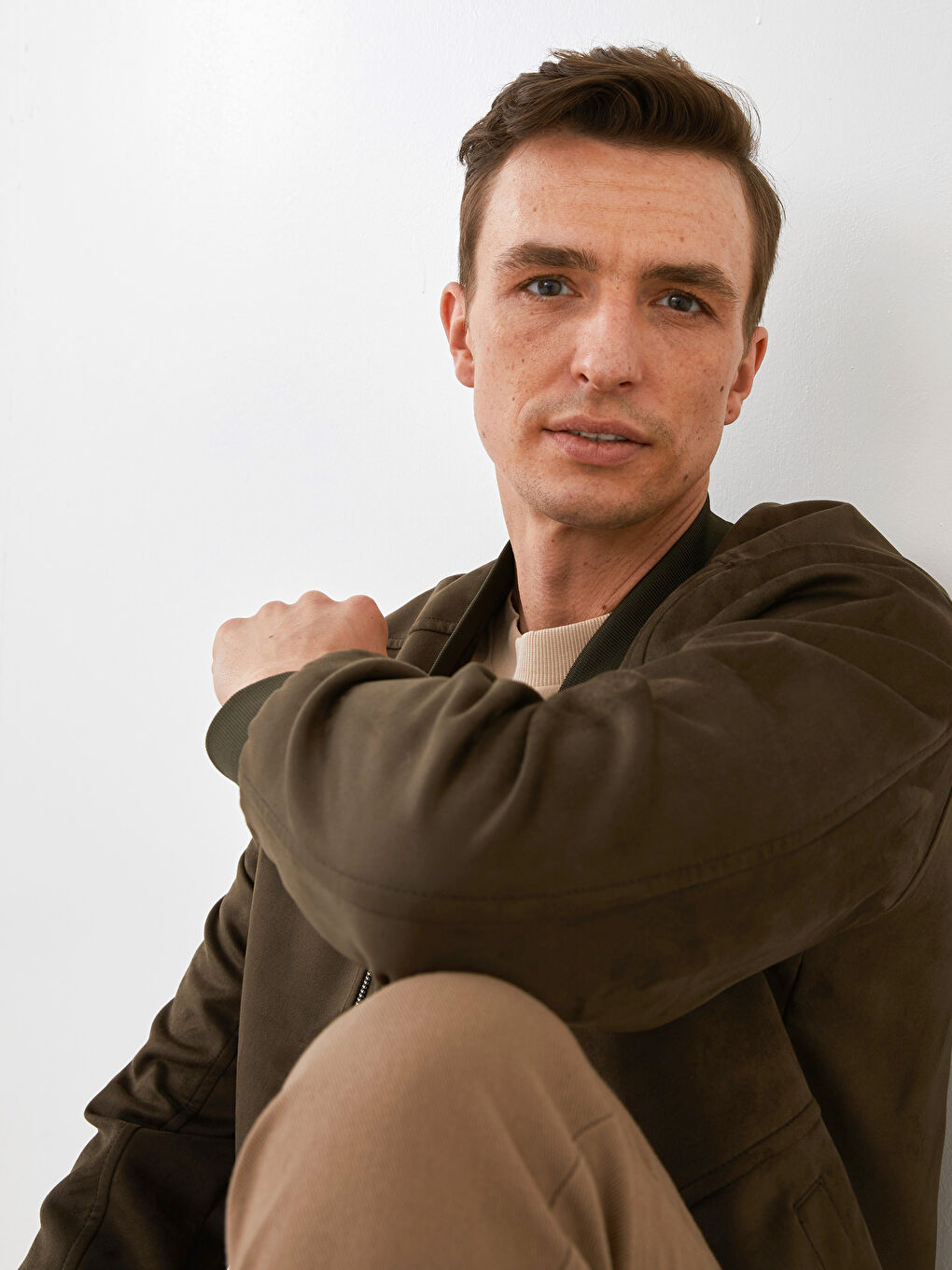 Slim Fit College Collar Bomber Suede Coat-4