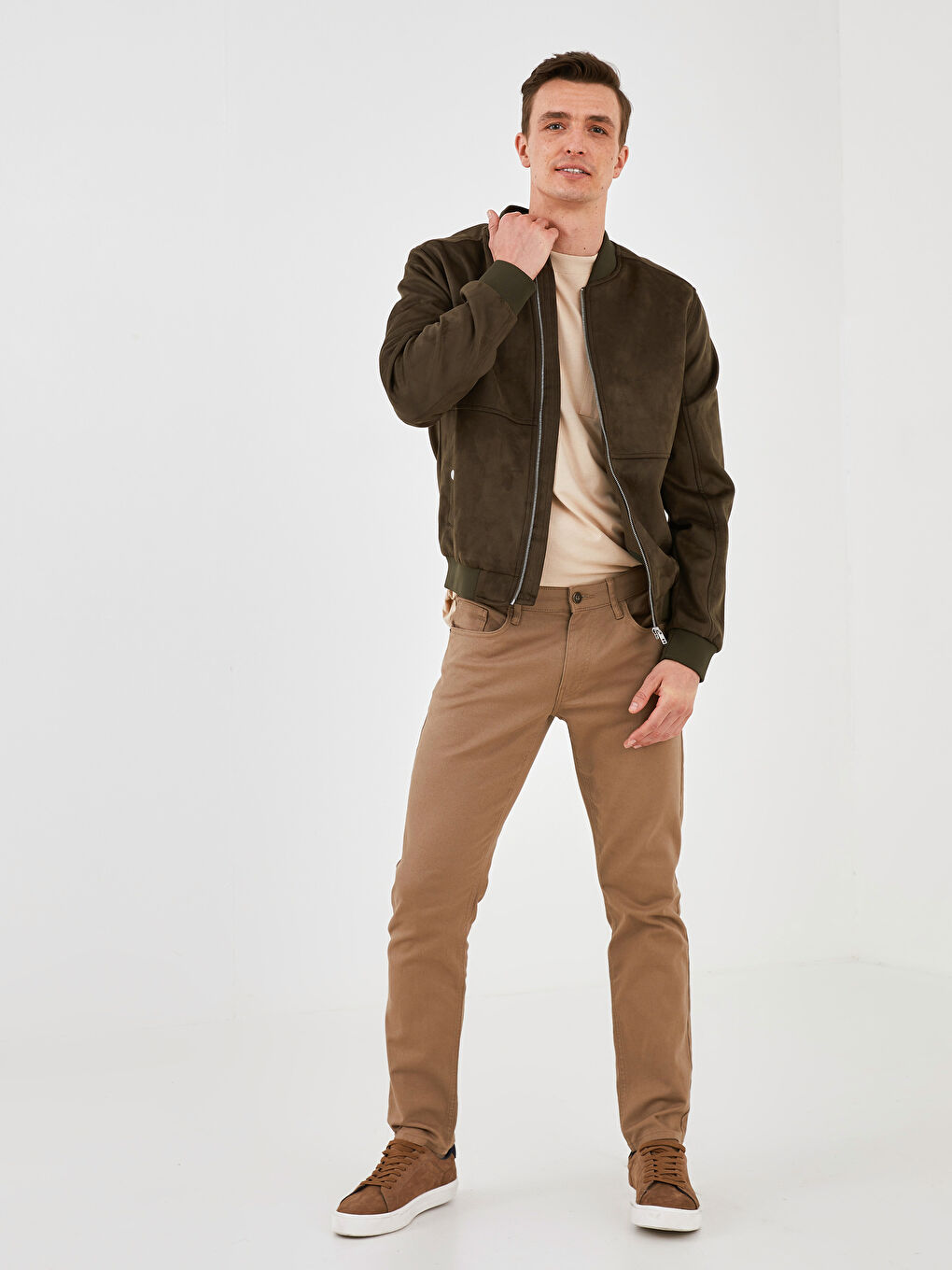 Slim Fit College Collar Bomber Suede Coat-5