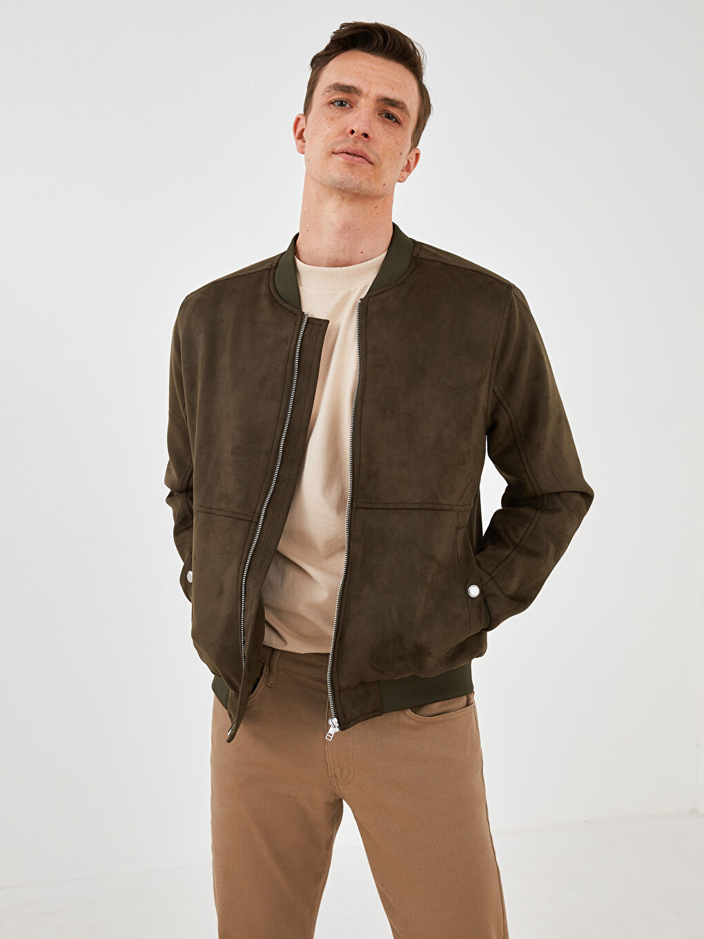 Slim Fit College Collar Bomber Suede Coat-1