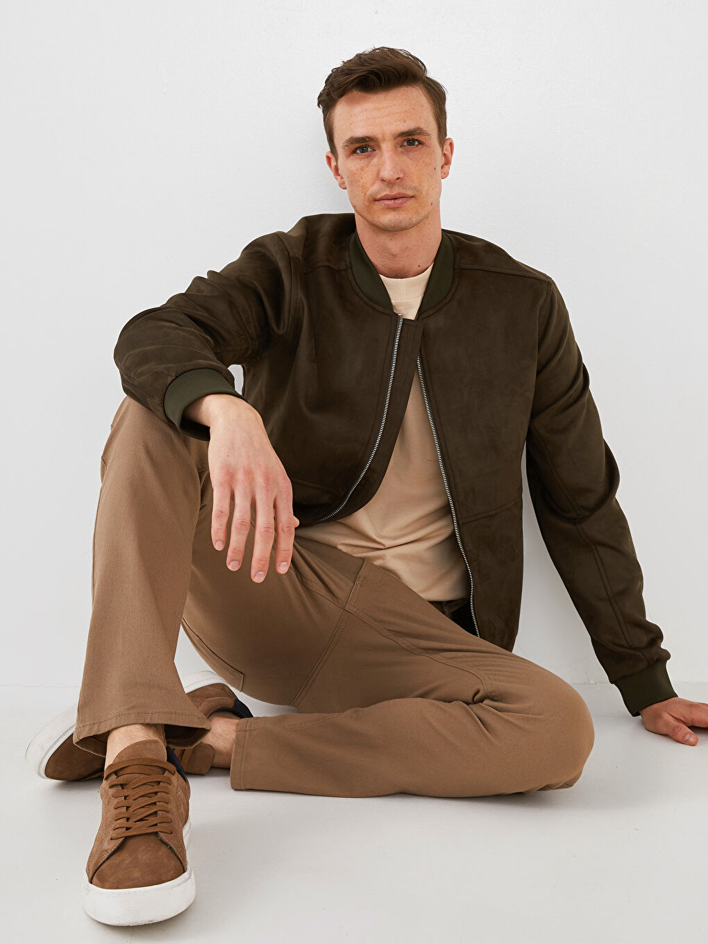 Slim Fit College Collar Bomber Suede Coat-2