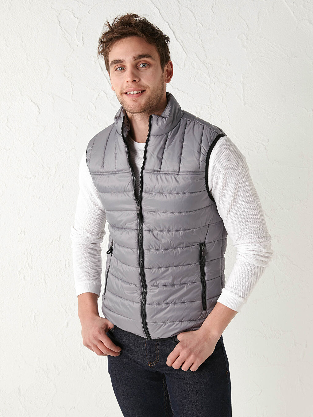 Gri Slim Fit Dik Yaka Erkek Şişme Yelek