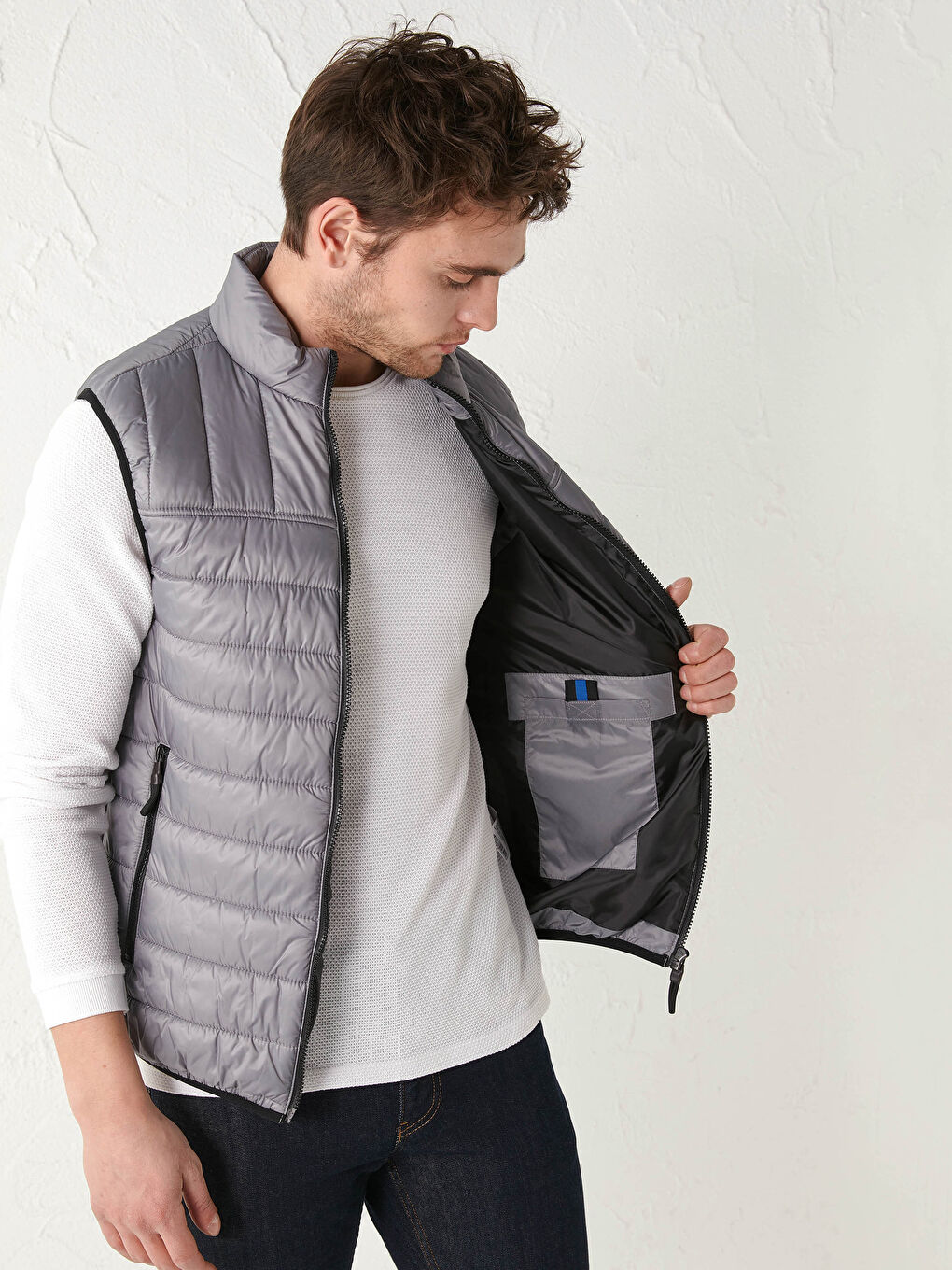 Gri Slim Fit Dik Yaka Erkek Şişme Yelek-2