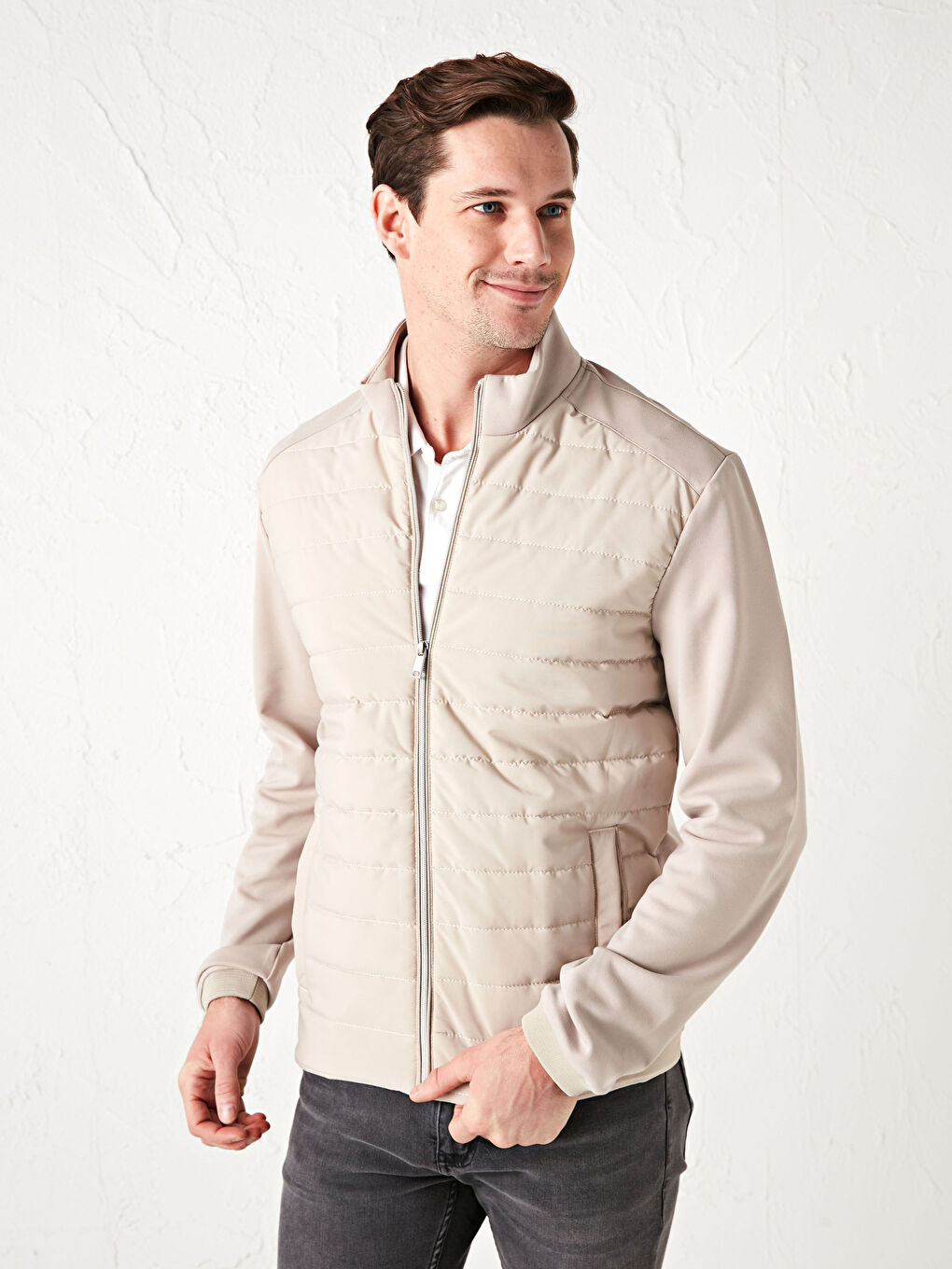 Bej Slim Fit Dik Yaka İnce Erkek Mont-1