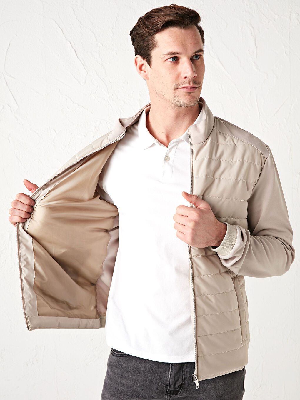 Bej Slim Fit Dik Yaka İnce Erkek Mont-2