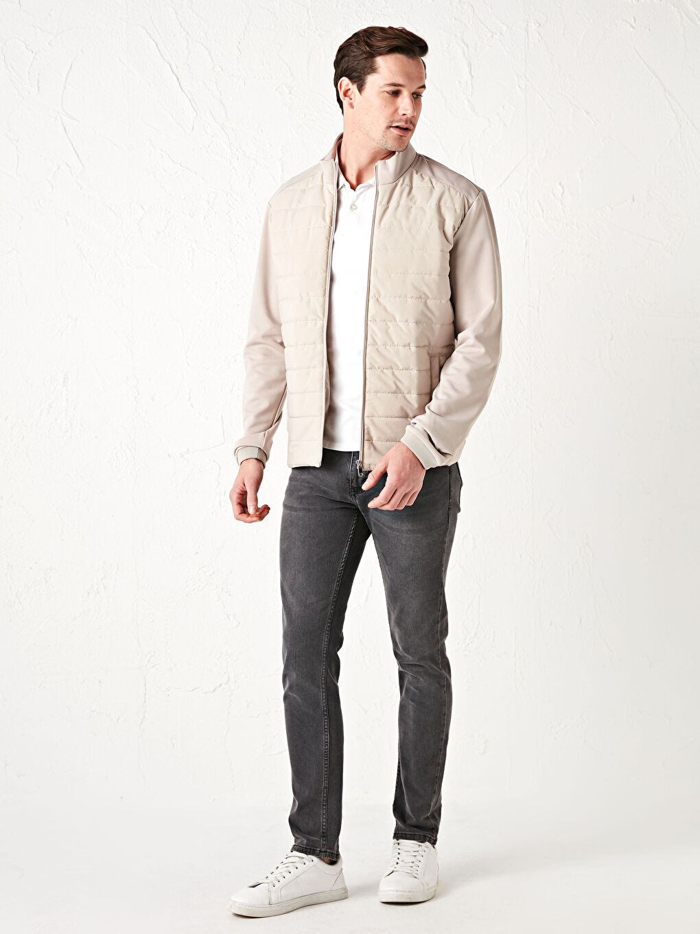 Bej Slim Fit Dik Yaka İnce Erkek Mont-3