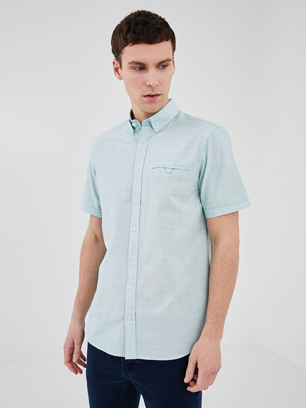 Yeşil Regular Fit Kısa Kollu Poplin Erkek Gömlek