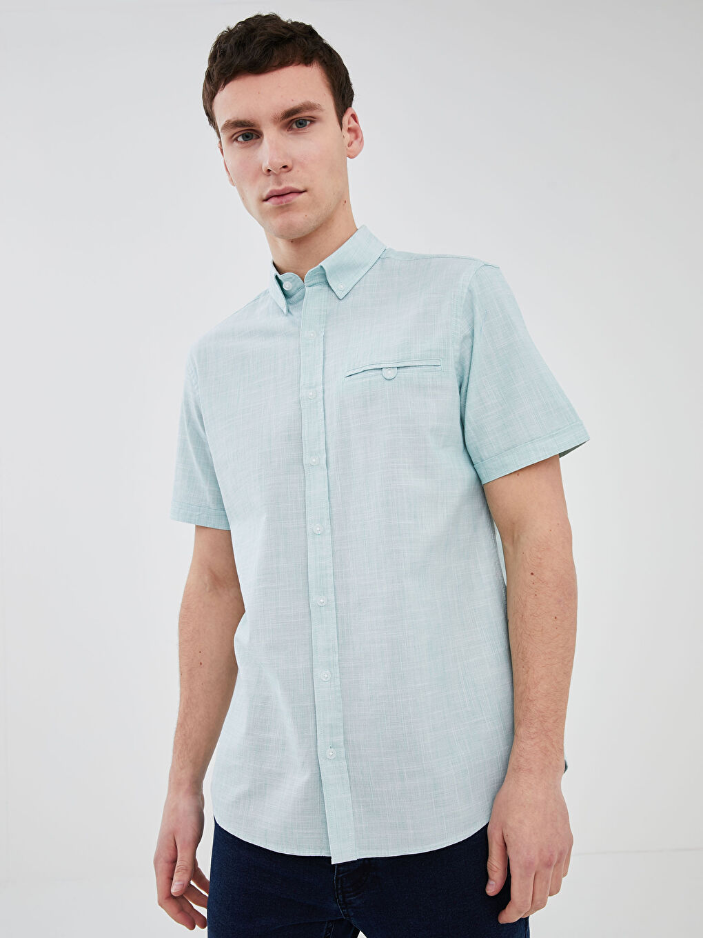 Yeşil Regular Fit Kısa Kollu Poplin Erkek Gömlek-1