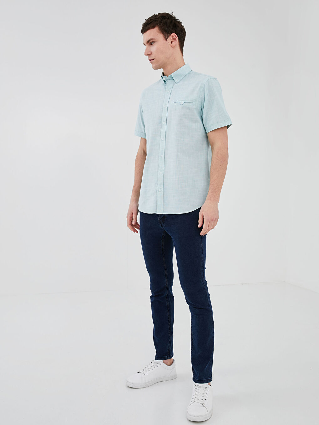 Yeşil Regular Fit Kısa Kollu Poplin Erkek Gömlek-3