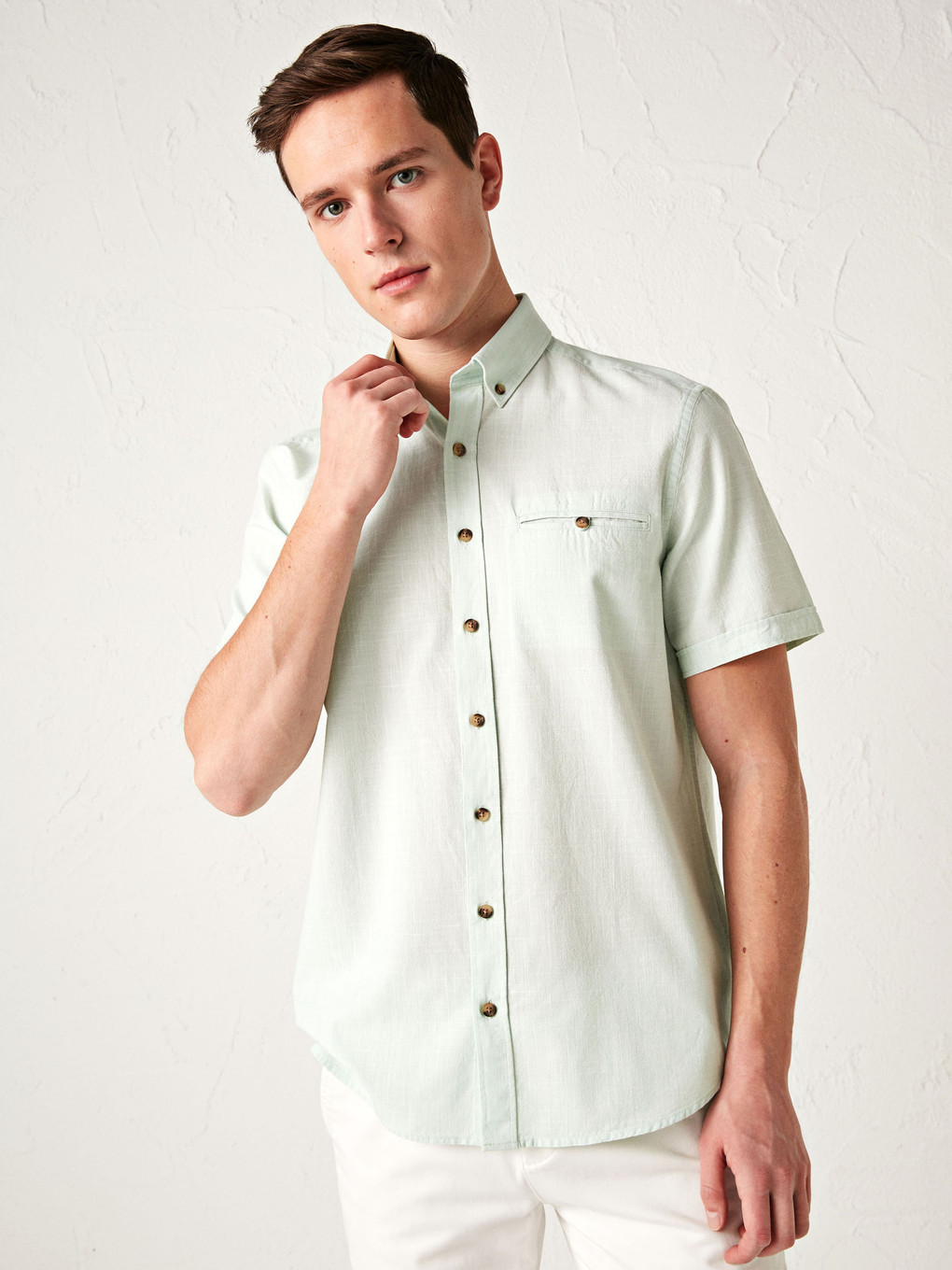 Yeşil Regular Fit Kısa Kollu Poplin Gömlek-1