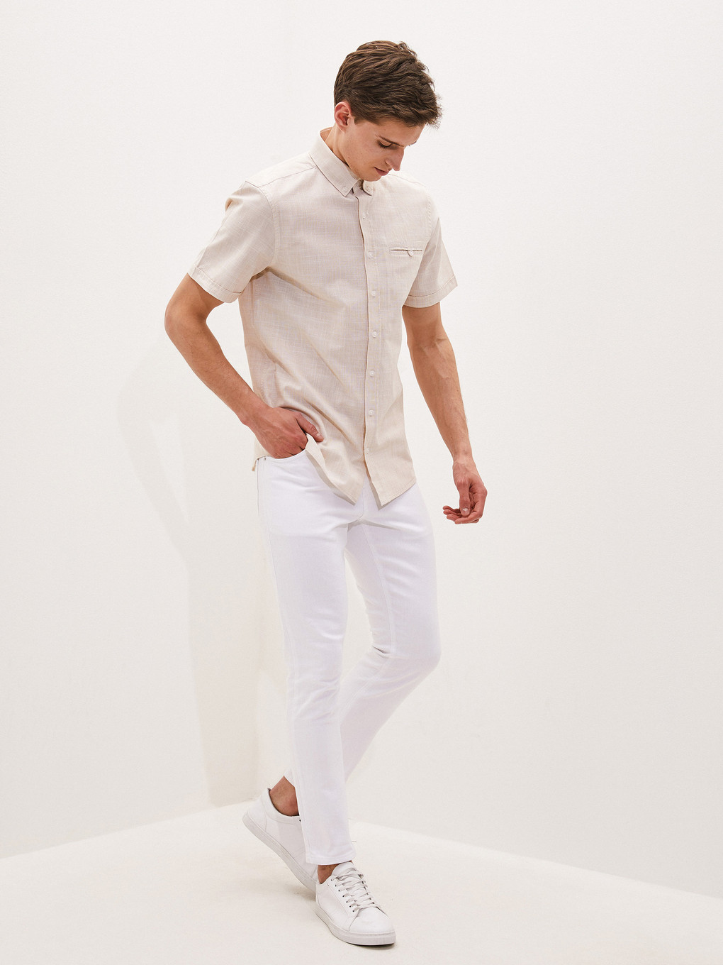 Bej Regular Fit Kısa Kollu Poplin Erkek Gömlek-3