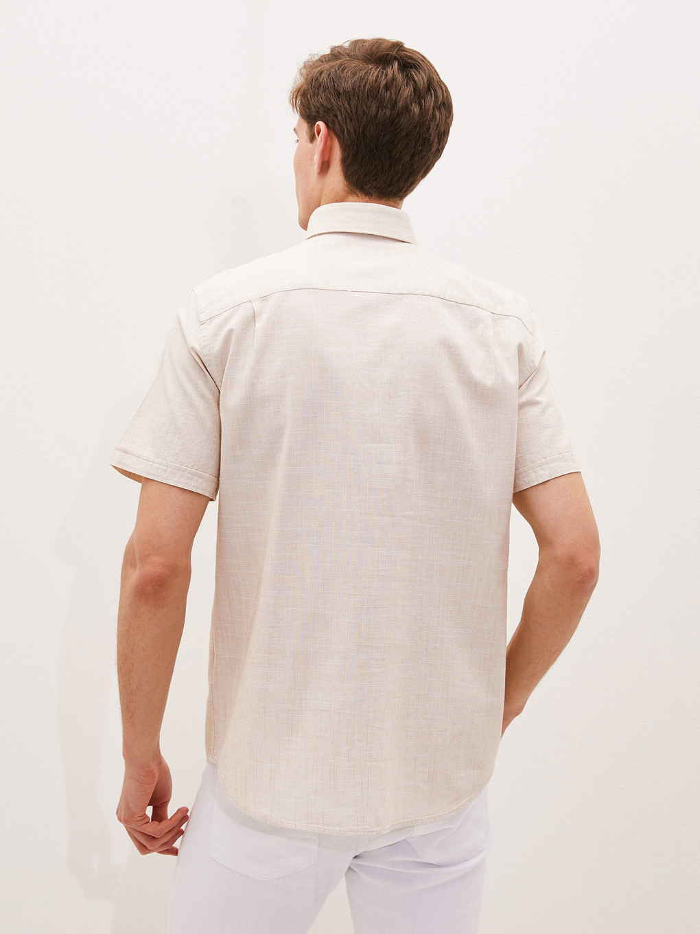 Bej Regular Fit Kısa Kollu Poplin Erkek Gömlek-4