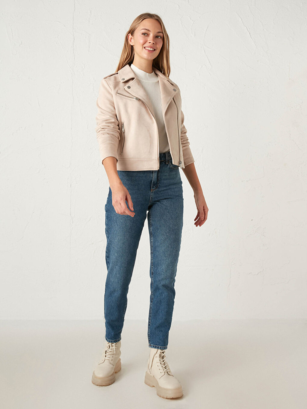 Palton cu Guler Biker Drept cu Mâneci Lungi pentru Femei din Imitație de Piele Întoarsă-4