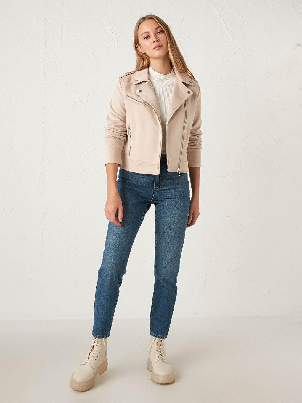 Palton cu Guler Biker Drept cu Mâneci Lungi pentru Femei din Imitație de Piele Întoarsă-5