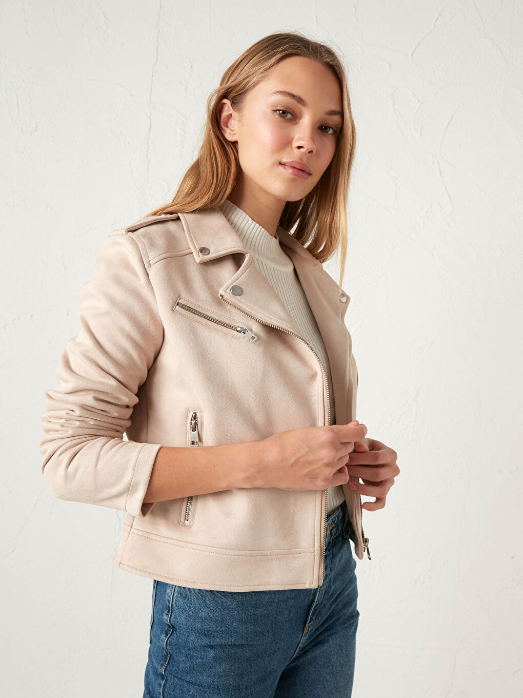 Palton cu Guler Biker Drept cu Mâneci Lungi pentru Femei din Imitație de Piele Întoarsă-1