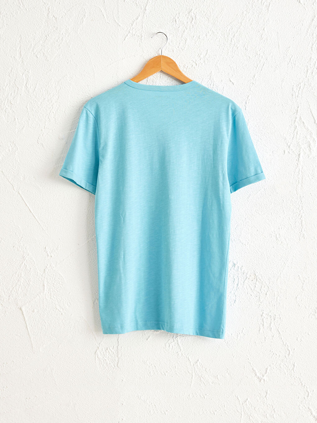 Mavi V Yaka Kısa Kollu Basic Pamuklu Tişört-2