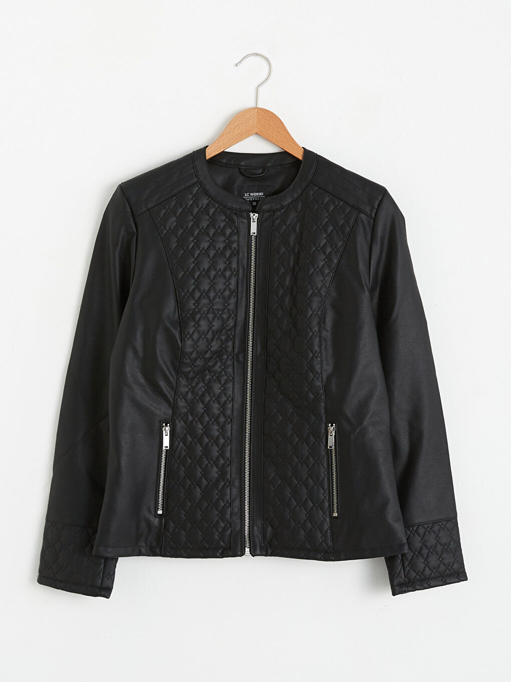 Crew Neck Regular Long Sleeve Women's Faux Leather Jacket-5