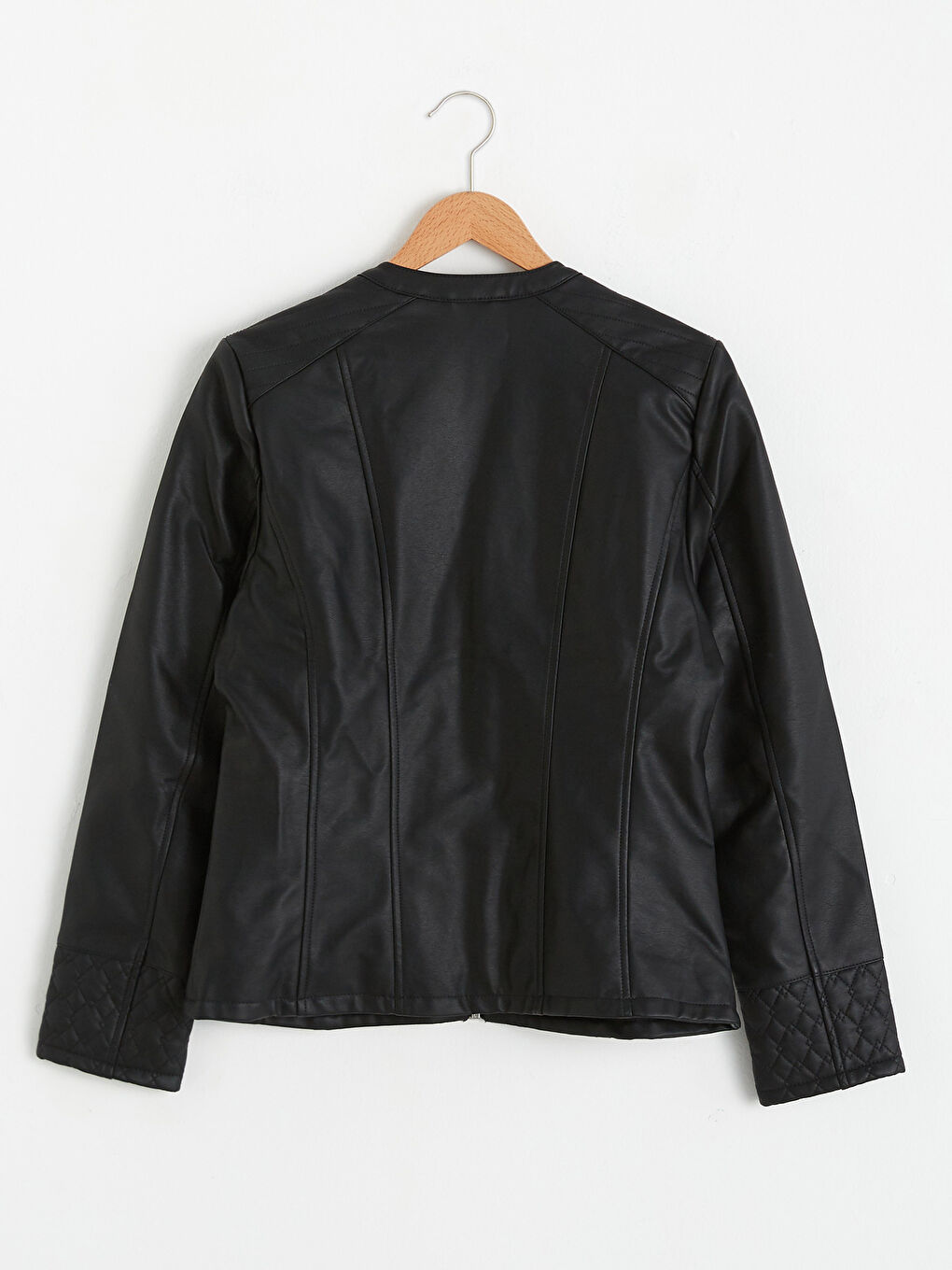 Crew Neck Regular Long Sleeve Women's Faux Leather Jacket-6