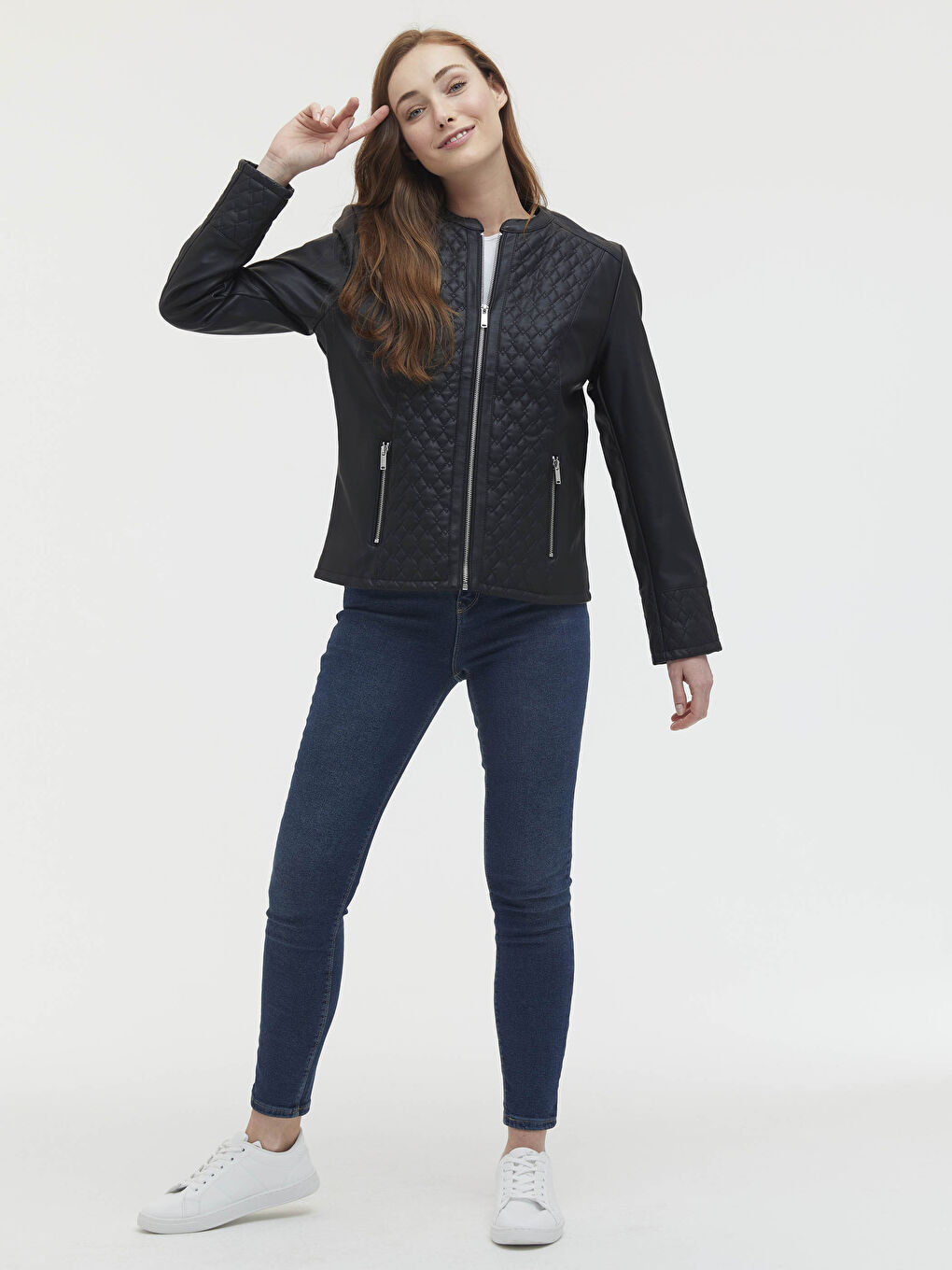 Crew Neck Regular Long Sleeve Women's Faux Leather Jacket-2