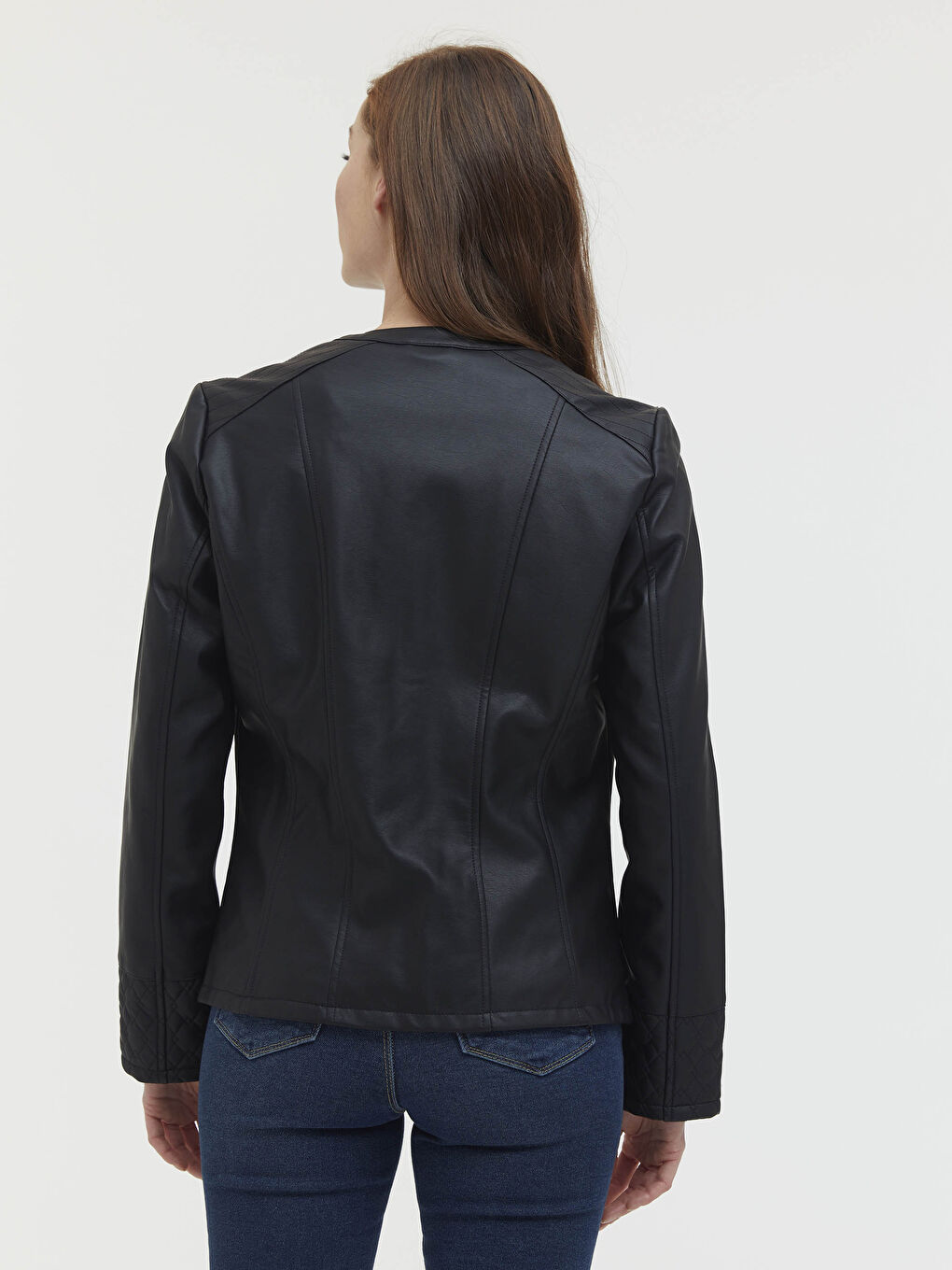 Crew Neck Regular Long Sleeve Women's Faux Leather Jacket-3