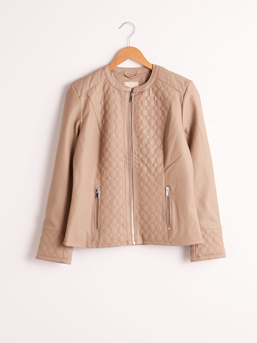 Veste en simili cuir à col rond, manches longues, coupe régulière pour femmes-6