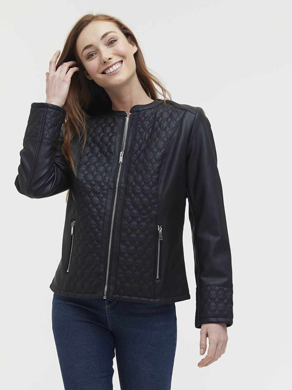 Crew Neck Regular Long Sleeve Women's Faux Leather Jacket-4