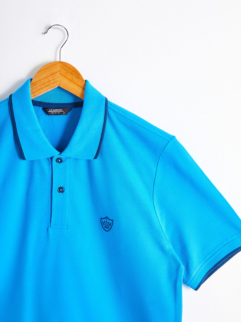 Mavi Polo Yaka Kısa Kollu Pike Tişört-5