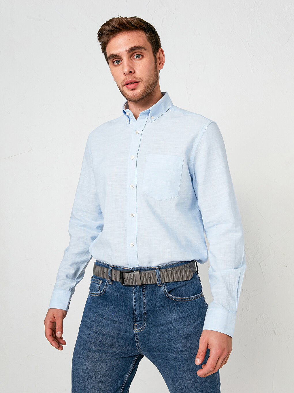 Regular Fit Long Sleeve Linen Blend Men's Shirt