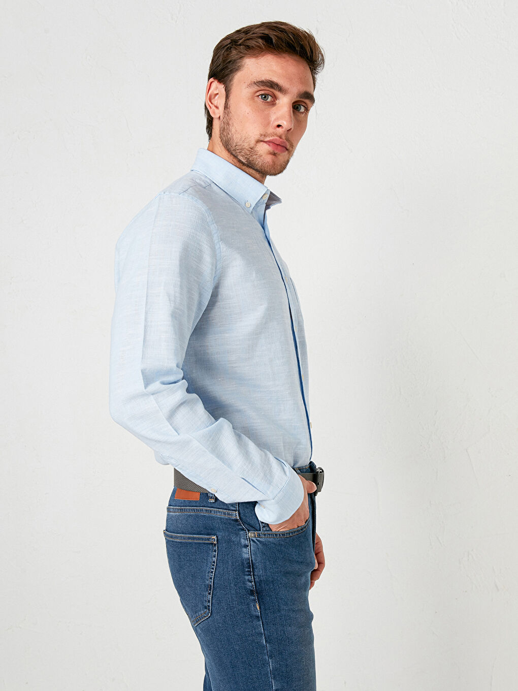 Regular Fit Long Sleeve Linen Blend Men's Shirt-1
