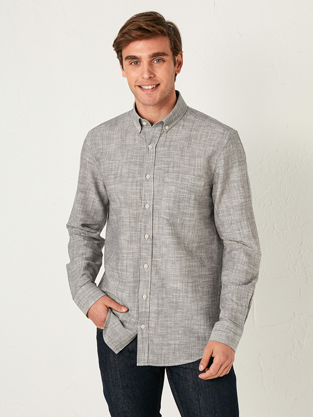 Regular Fit Long Sleeve Linen Blend Men's Shirt