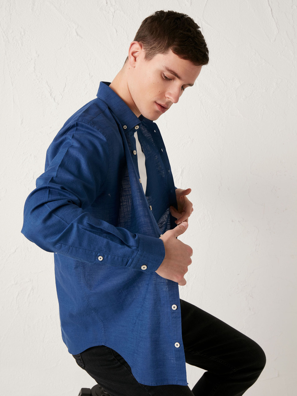 Regular Fit Long Sleeve Linen Blend Men's Shirt-6
