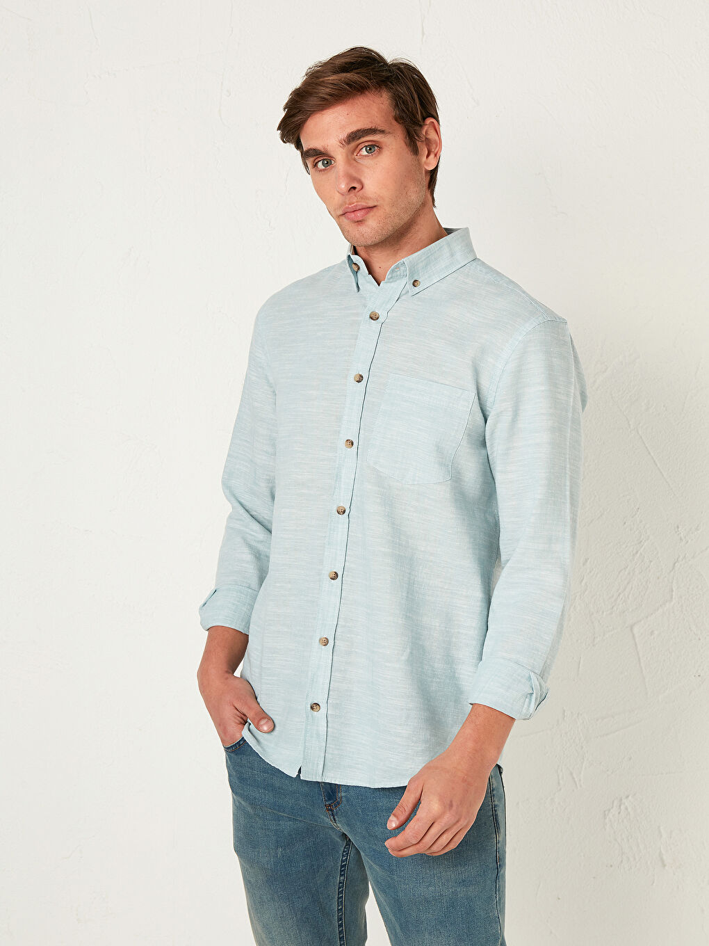 Chemise pour Hommes en Mélange de Lin à Manches Longues Coupe Régulière