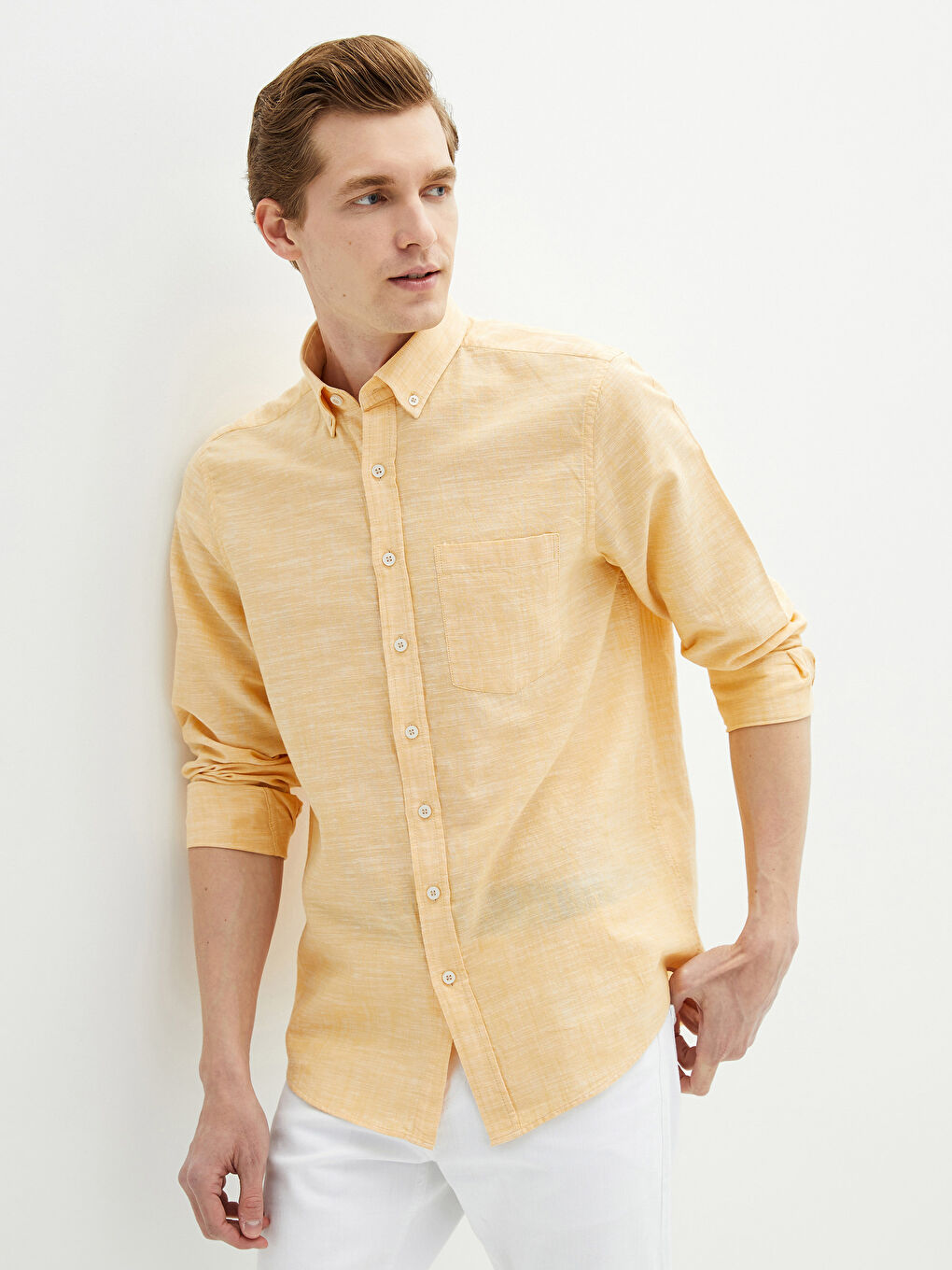 Sarı Regular Fit Uzun Kollu Keten Karışımlı Erkek Gömlek