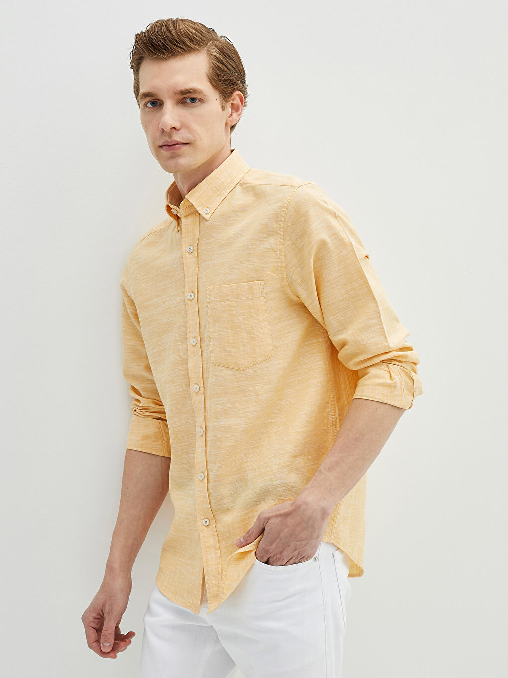 Sarı Regular Fit Uzun Kollu Keten Karışımlı Erkek Gömlek-1