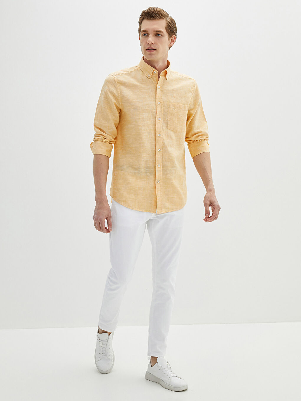 Sarı Regular Fit Uzun Kollu Keten Karışımlı Erkek Gömlek-2