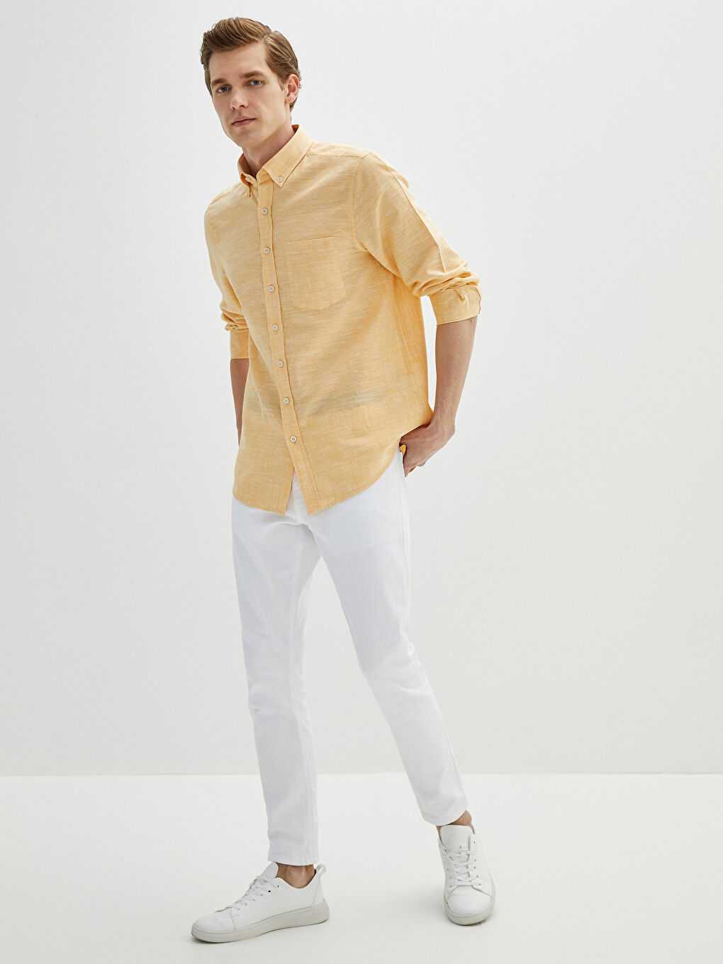 Sarı Regular Fit Uzun Kollu Keten Karışımlı Erkek Gömlek-3