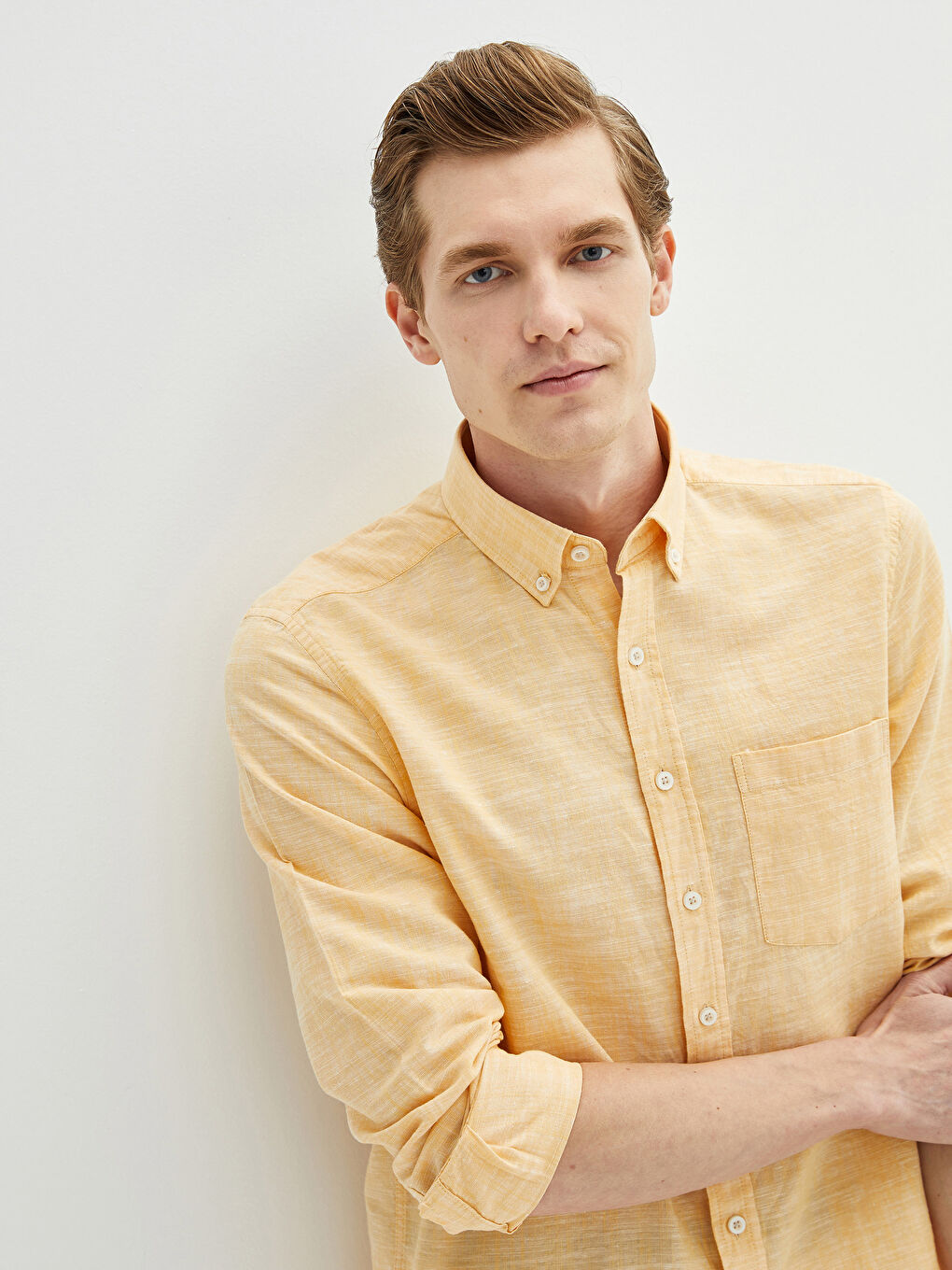Sarı Regular Fit Uzun Kollu Keten Karışımlı Erkek Gömlek-4