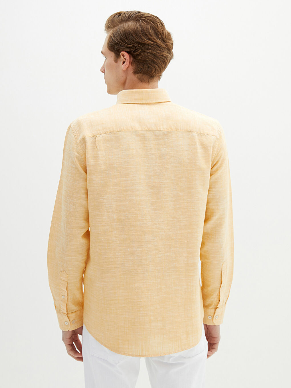 Sarı Regular Fit Uzun Kollu Keten Karışımlı Erkek Gömlek-5