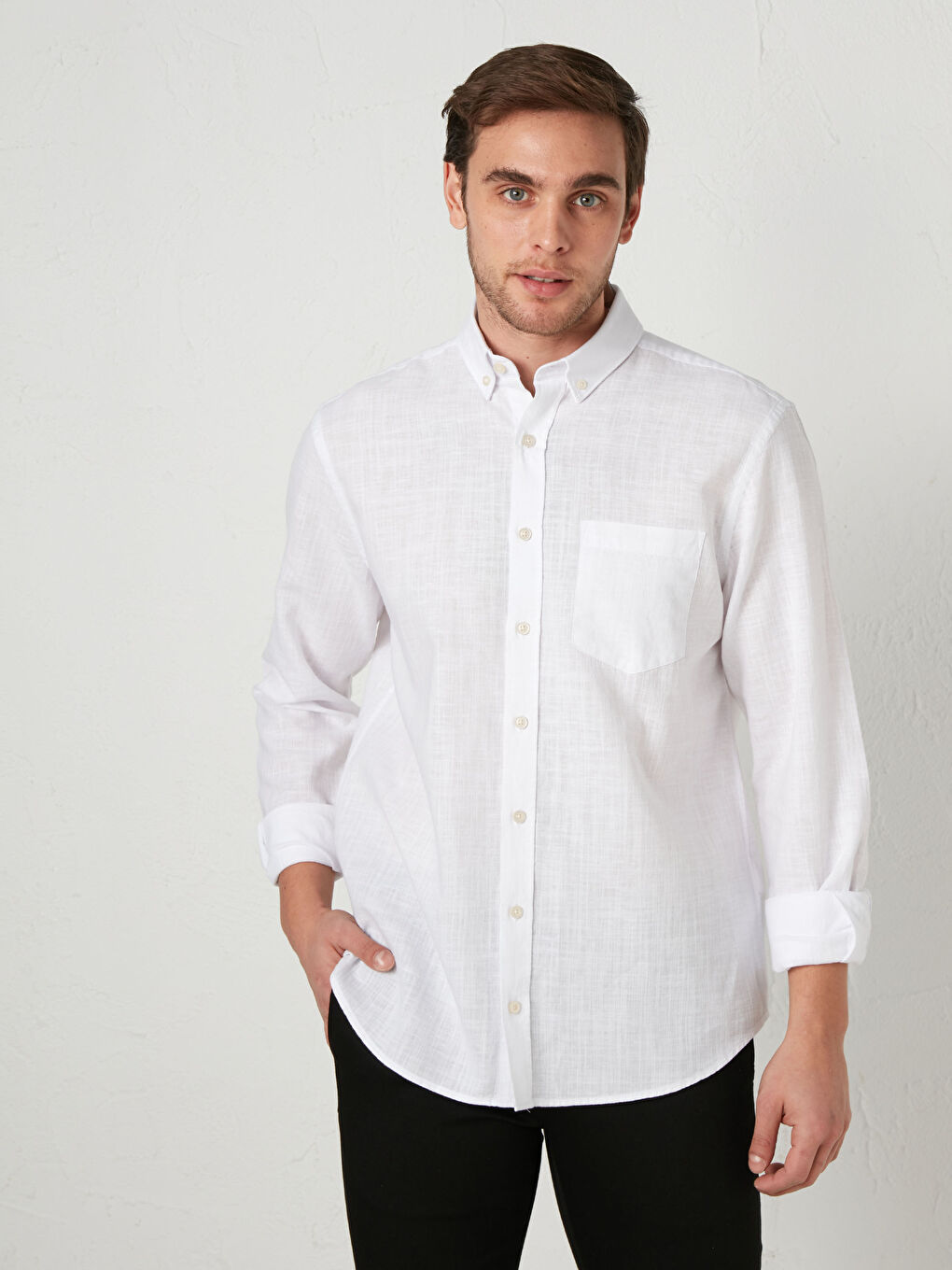 Beyaz Regular Fit Uzun Kollu Keten Karışımlı Erkek Gömlek-1