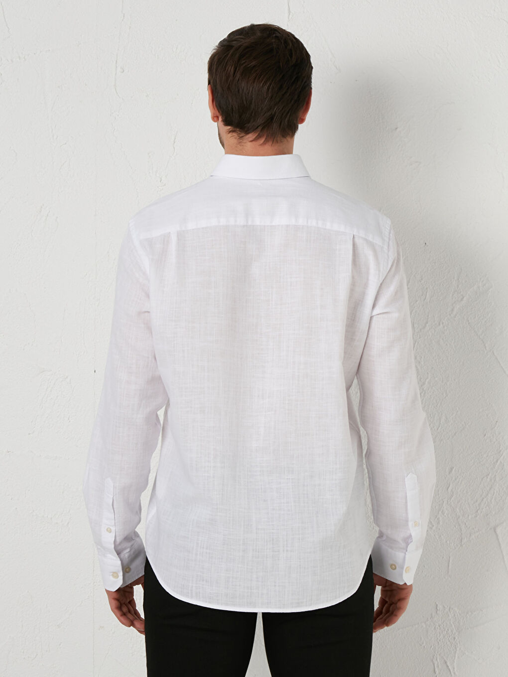 Beyaz Regular Fit Uzun Kollu Keten Karışımlı Erkek Gömlek-2