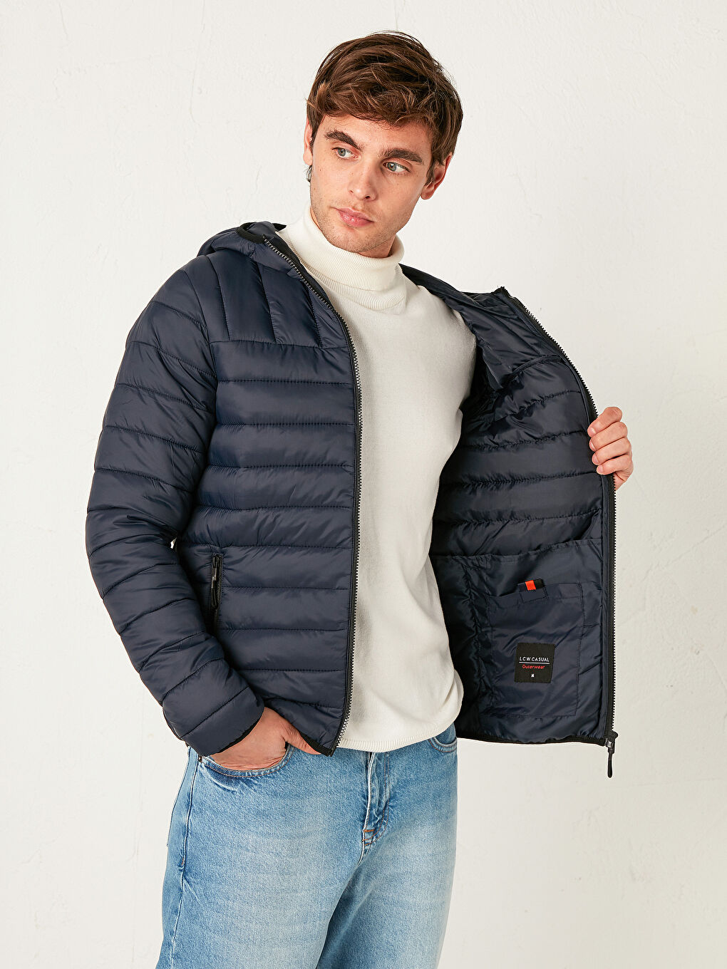 Lacivert Slim Fit Kapüşonlu Erkek Şişme Mont-1