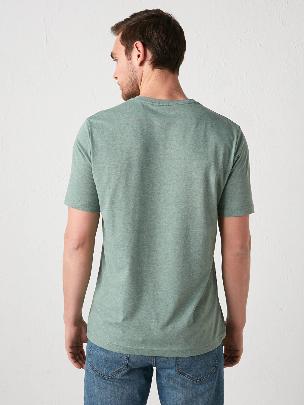 Yeşil V Yaka Kısa Kollu Basic Erkek Tişört-4