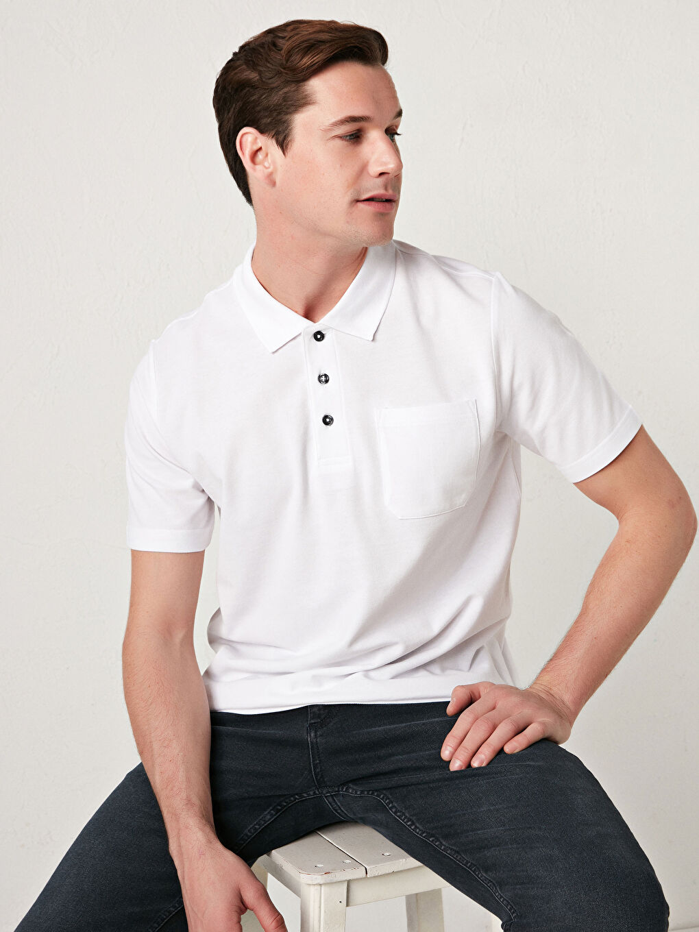 Beyaz Polo Yaka Kısa Kollu Basic Pike Erkek Tişört