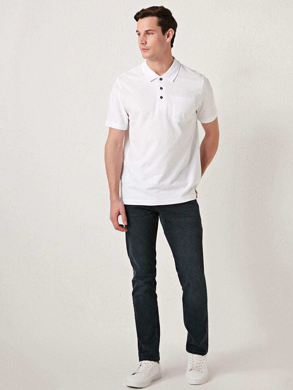 Beyaz Polo Yaka Kısa Kollu Basic Pike Erkek Tişört-2