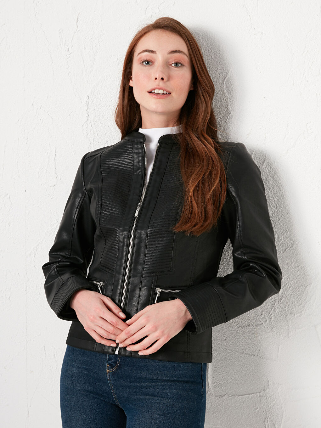 Grandad Collar Patterned Long Sleeve Women's Leather Looking Coat