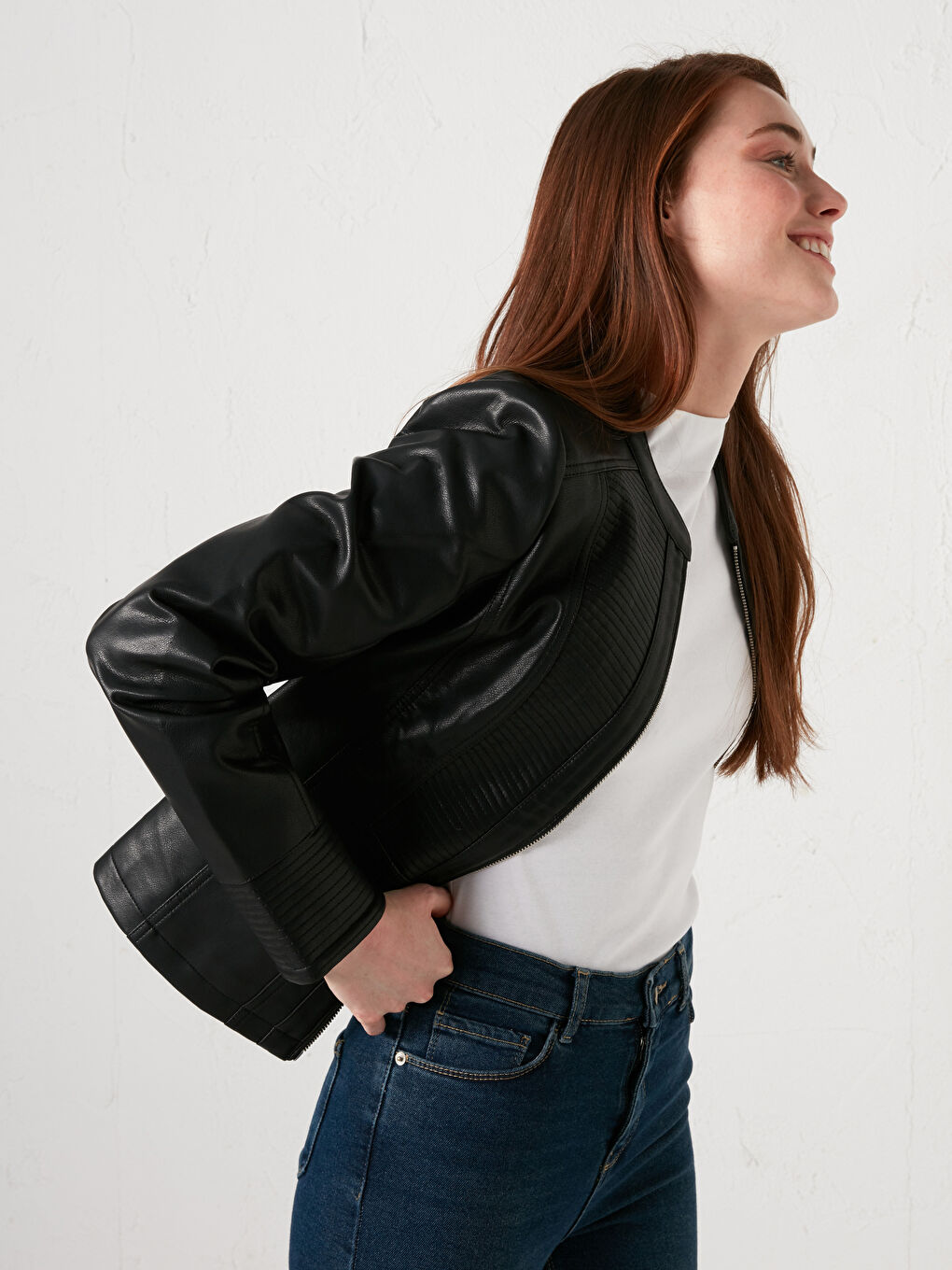 Grandad Collar Patterned Long Sleeve Women's Leather Looking Coat-1